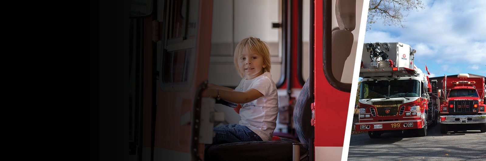 Child on firetruck and a row of firetrucks at station 1